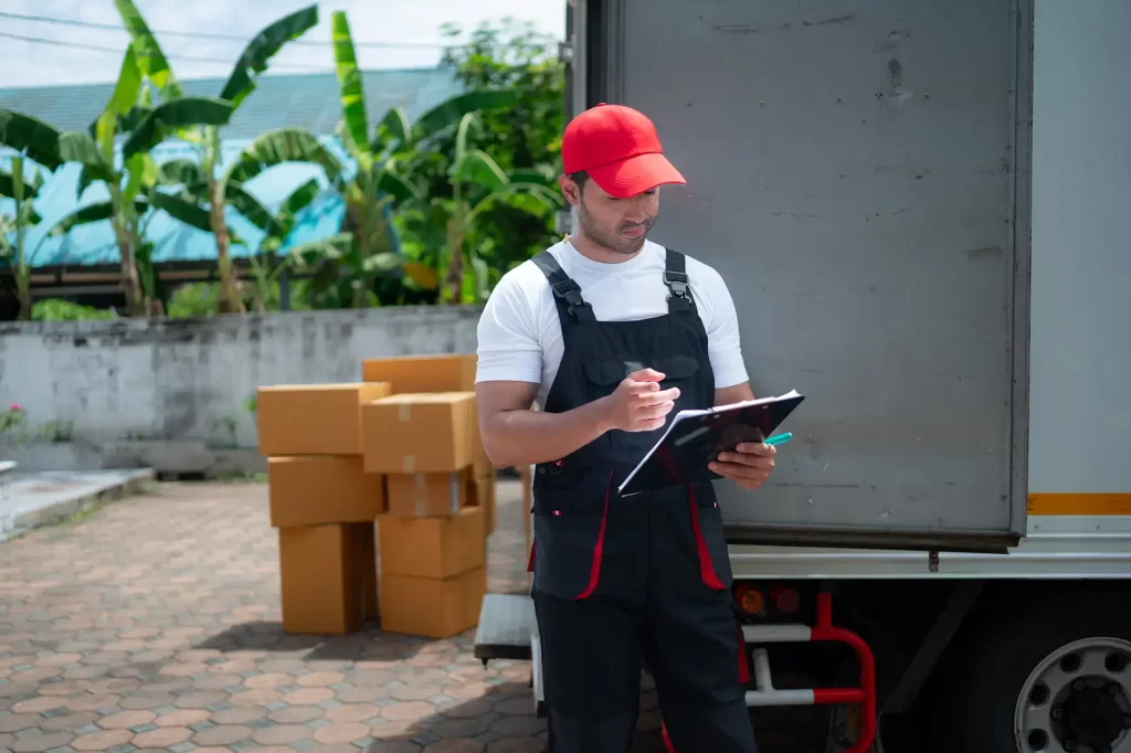 A worker checking paperwork for delivery