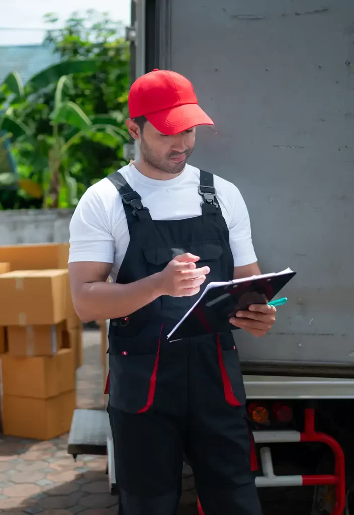 A worker checking paperwork for delivery